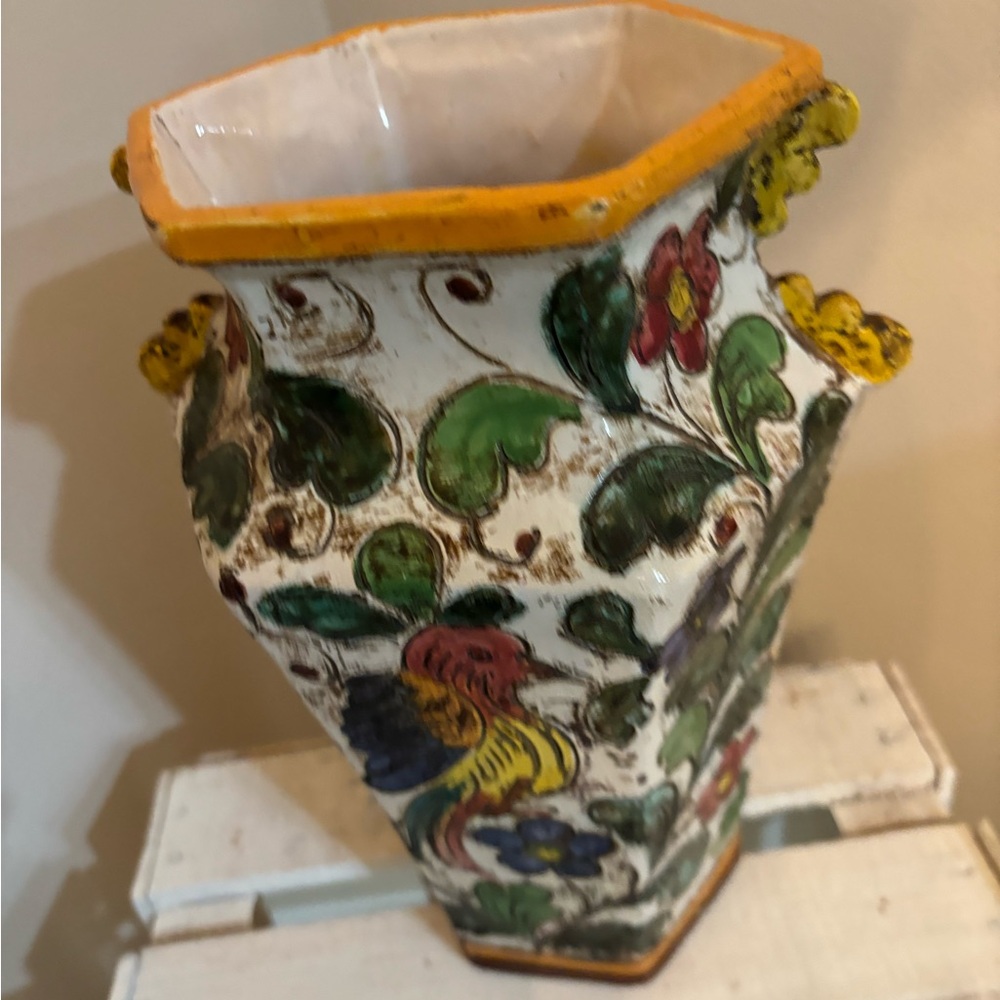 VTG Vase Ovington New York Italy Hand Made Floral And Birds Colorful Rare
